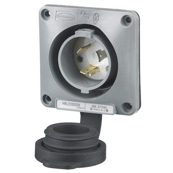 Watertight Flanged Locking Inlet, 20 A, 277V AC, Single Phase, 2 Pole, Screw Terminals, Gray